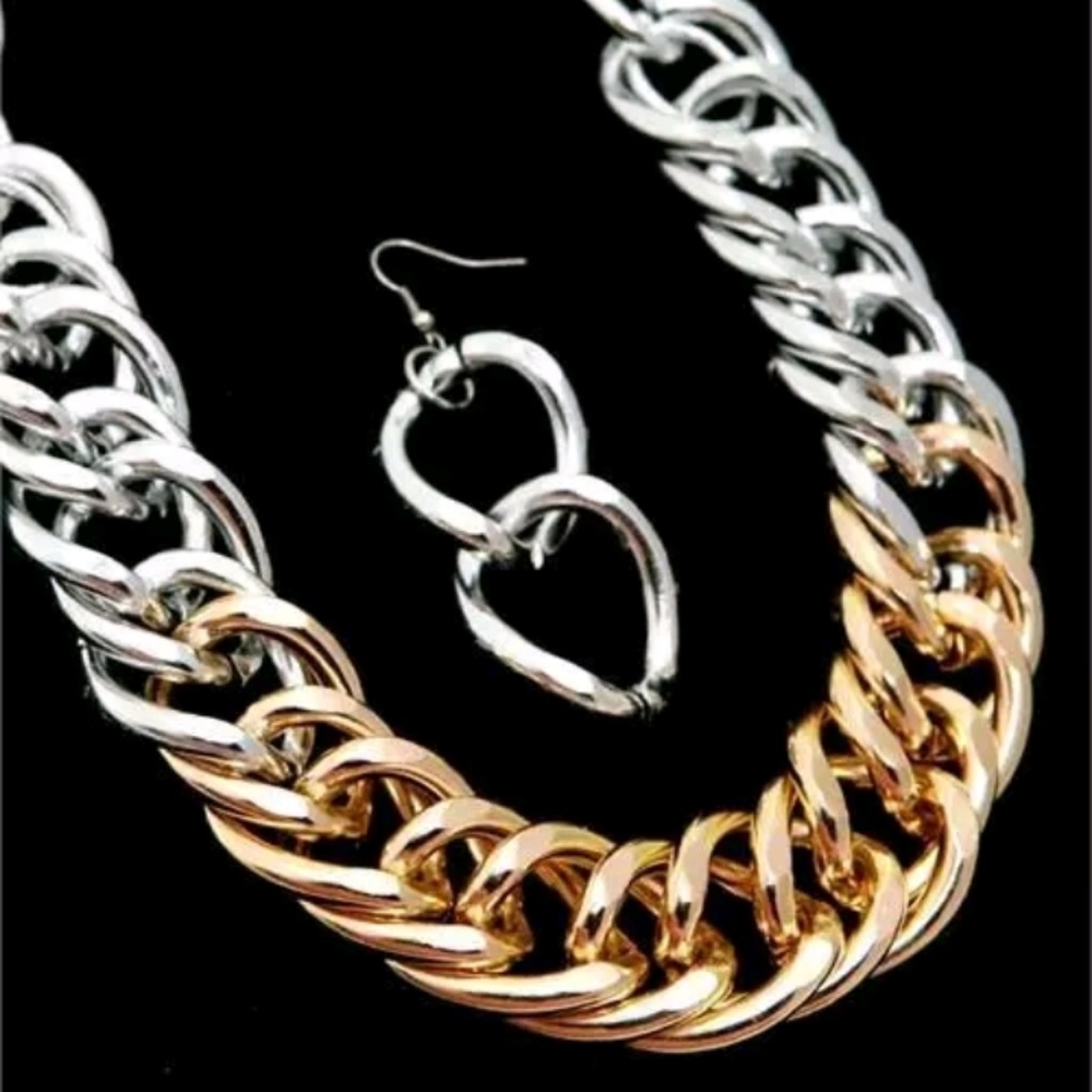 Two Tone Silver Gold Large Chain Necklace and Earr
